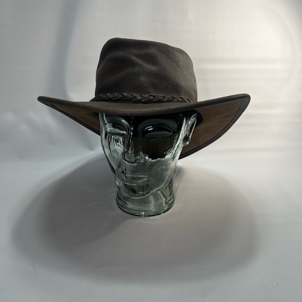Minnetonka Brown Leather Fold Up Cowboy Hat, Packable Unisex Sz L Western Boho